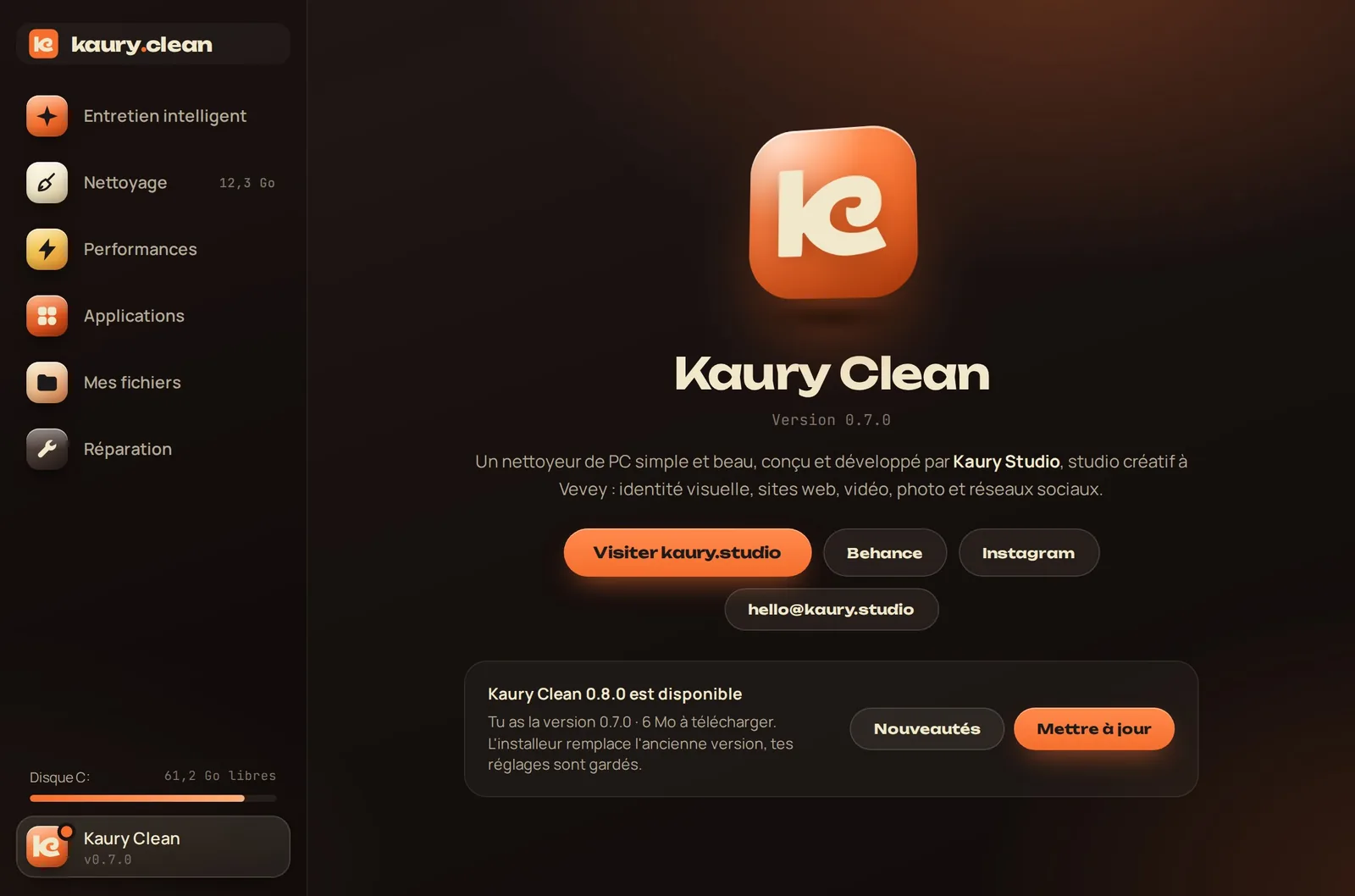 La page Kaury Clean de l'appli : le studio et les mises à jour.
