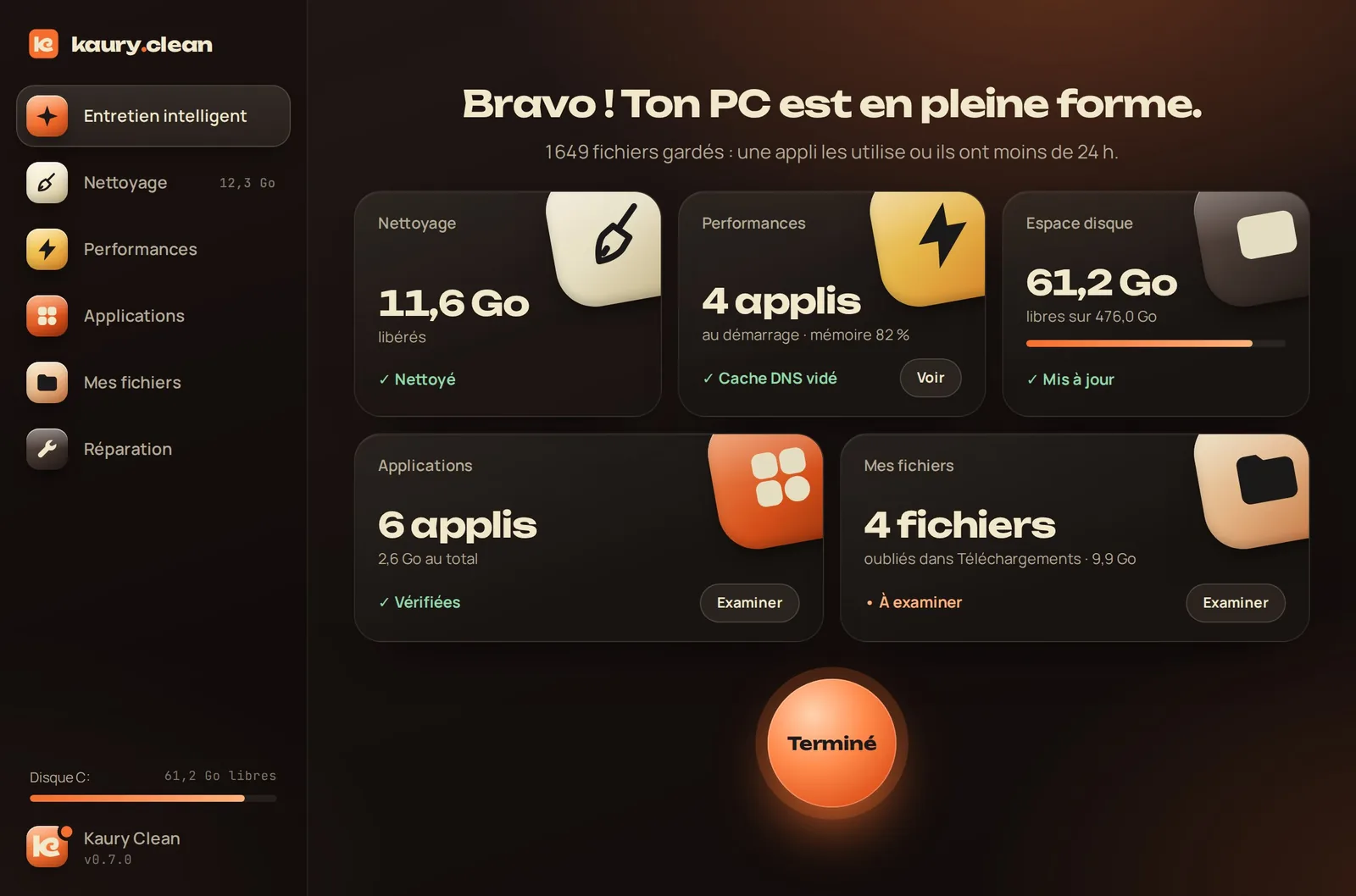 Kaury Clean après un entretien : « Bravo ! Ton PC est en pleine forme. » 11,6 Go libérés, 4 applis au démarrage, 61,2 Go libres.