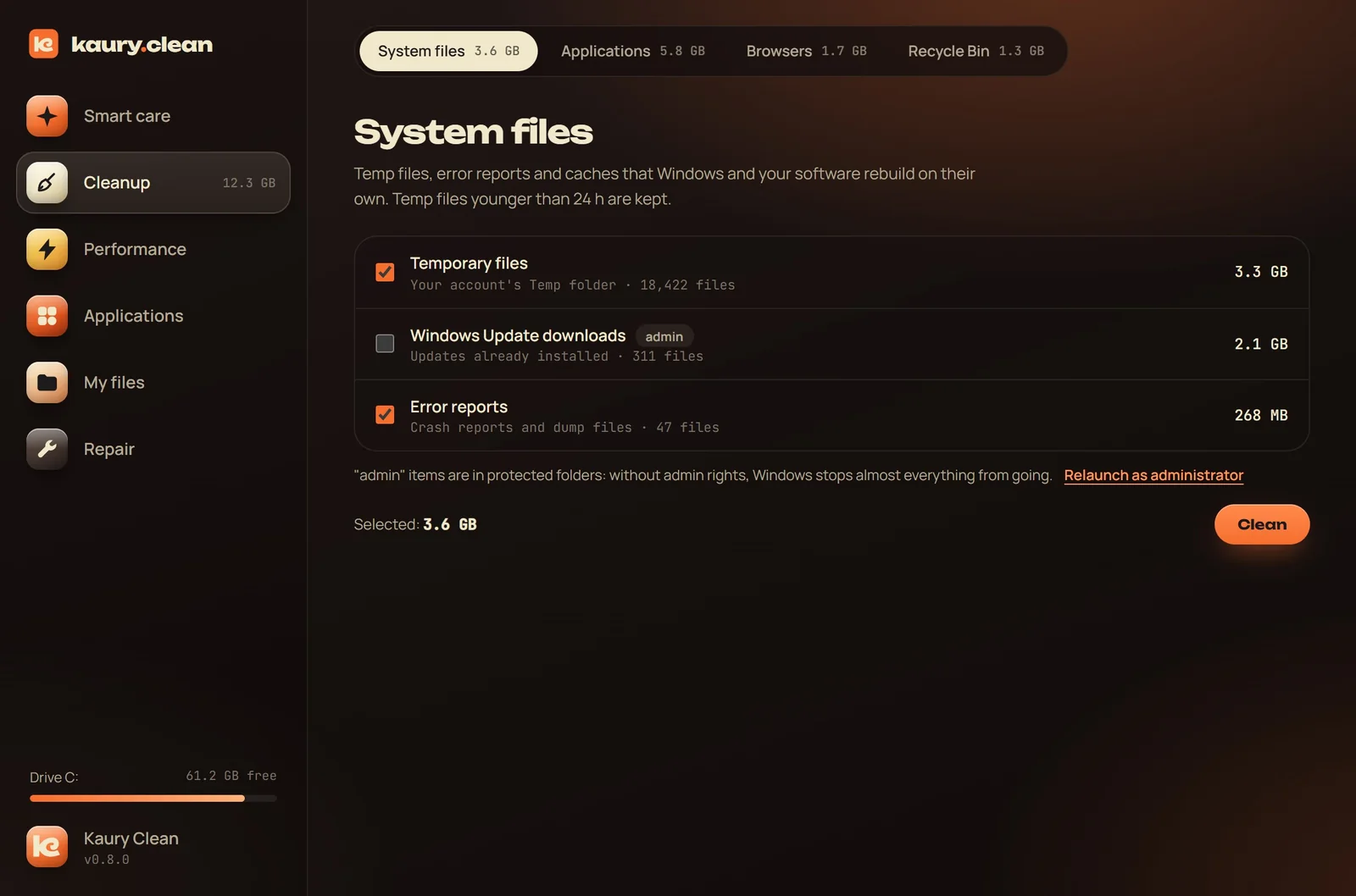 The Cleanup section: temp files 3.3 GB, error reports 268 MB.