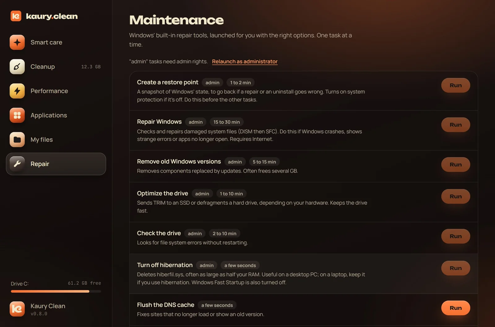 The Repair section: Windows tools, each one explained.