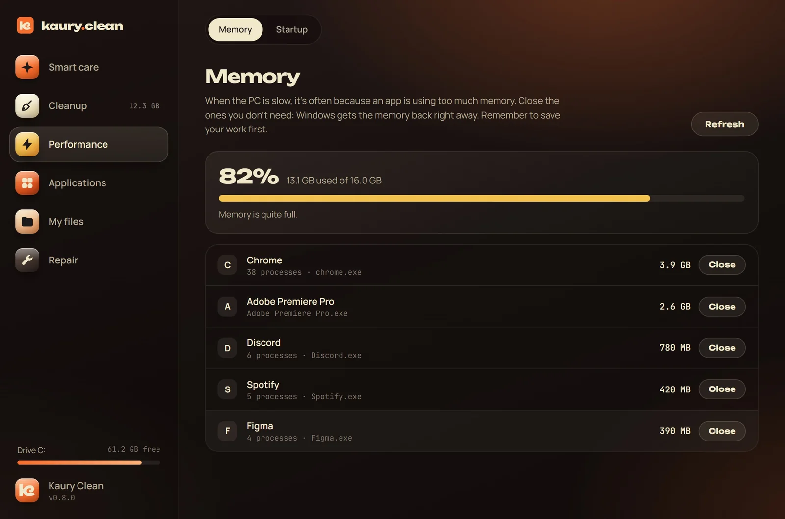 The Memory section: the apps using the most memory.