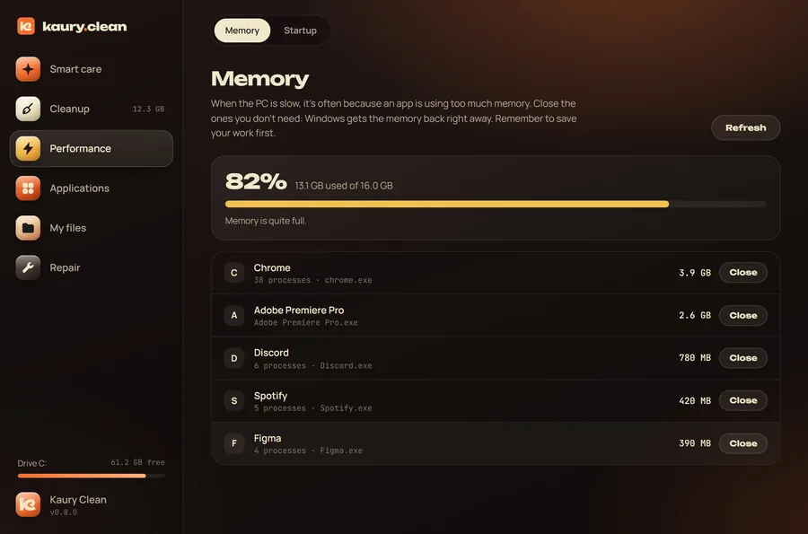 The Memory section: the apps using the most, closed in one click. Windows processes never appear.