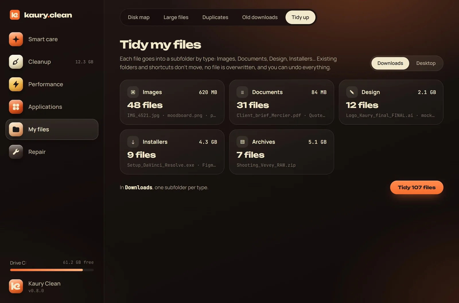 Tidying a folder by file type.