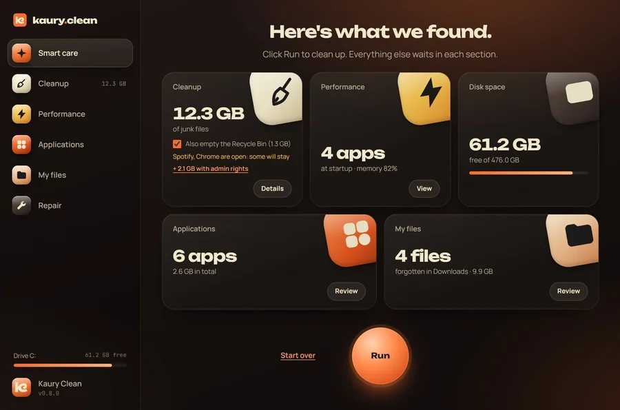 The summary: 12.3 GB of junk files, 4 startup apps, 61.2 GB free.