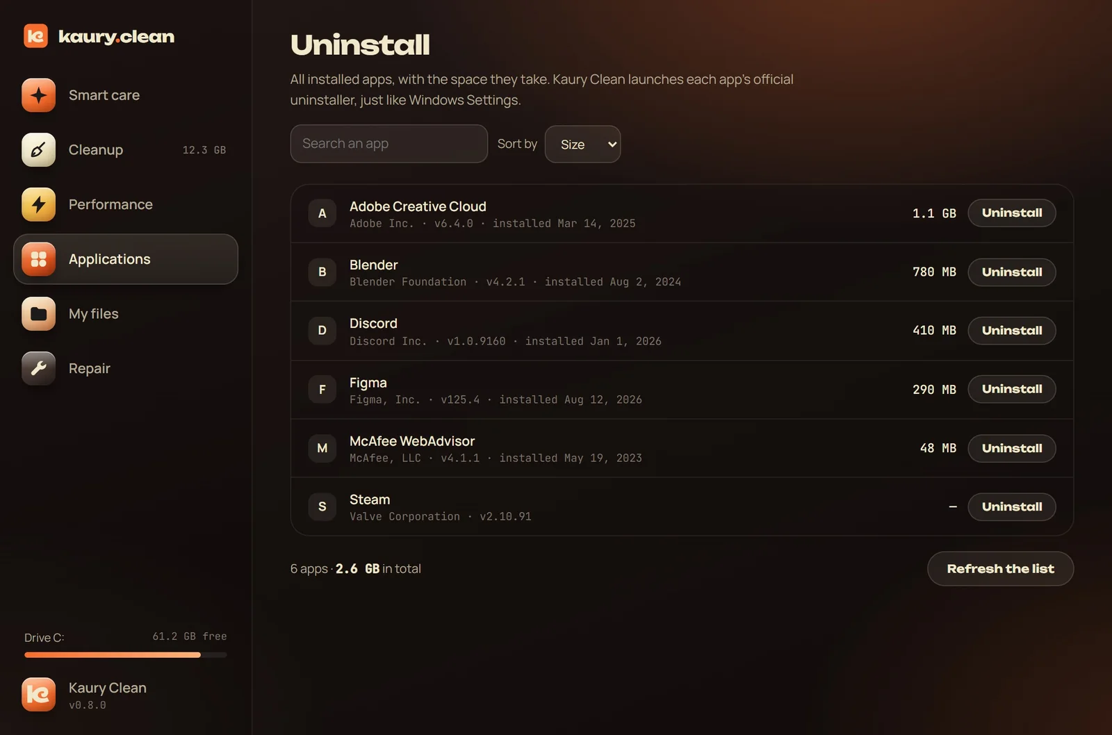 The Applications section: installed apps with their size.