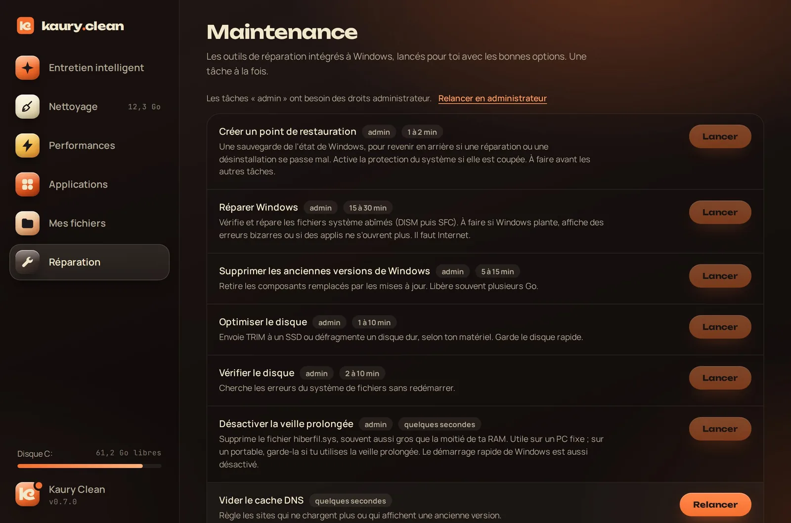 La section Réparation : les outils de Windows, chacun expliqué.