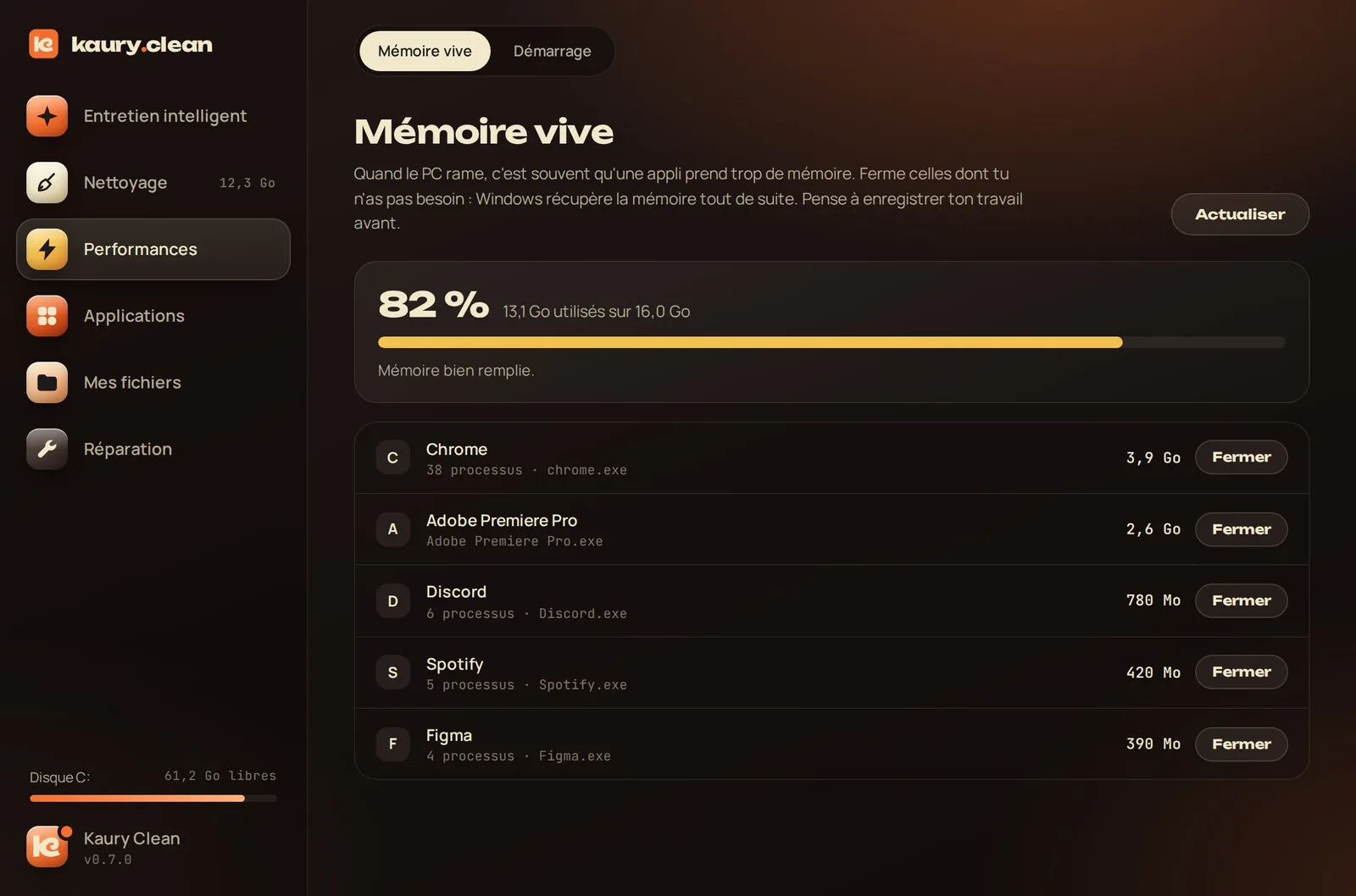 La section Mémoire vive : les applis qui occupent le plus de mémoire.