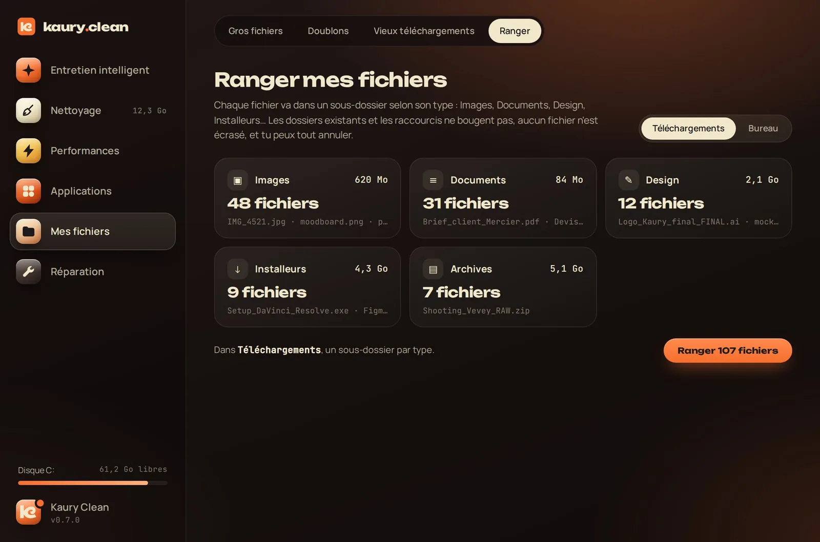 Le rangement d'un dossier par type de fichier.