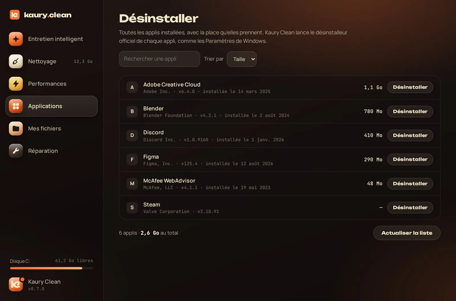 La section Applications : la liste des applis installées avec leur taille.
